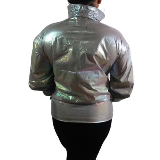 This jacket is light weight not designed for cold weather. Really holographic just like this picture. Regular fit to size.  A woven windbreaker featuring a multi color holographic design Full front zipper Chest pockets Wide collar Draw cords 100% Nylon Multi Ash  S,M,L