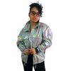 This jacket is light weight not designed for cold weather. Really holographic just like this picture. Regular fit to size.  A woven windbreaker featuring a multi color holographic design Full front zipper Chest pockets Wide collar Draw cords 100% Nylon Multi Ash  S,M,L